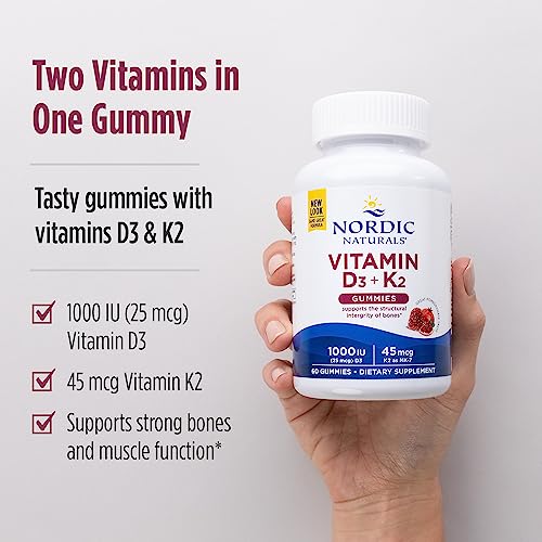 Nordic Naturals Vitamin D3 + K2 Gummies, Pomegranate - 60 Gummies - 1000 IU Vitamin D3 + 45 mcg Vitamin K2 - Great Taste - Bone Health, Promotes Healthy Muscle Function - Non-GMO - 60 Servings