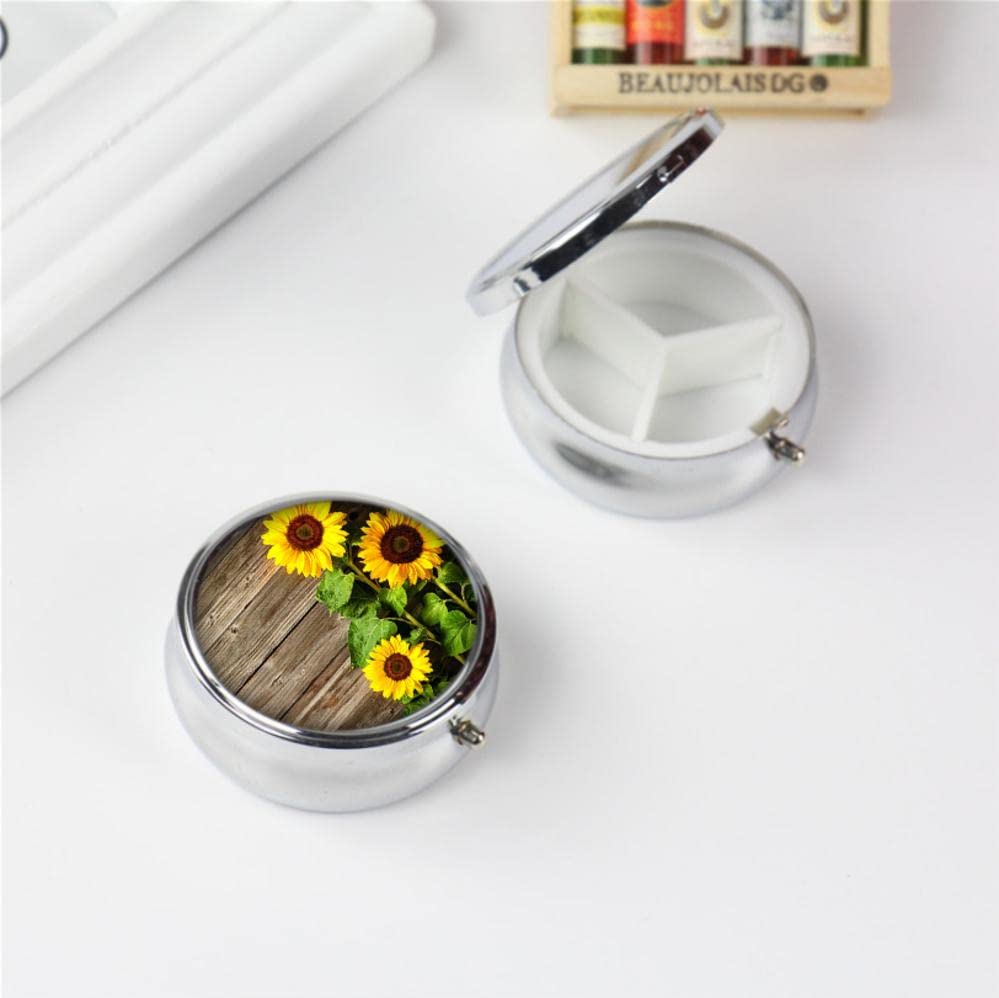 Pill Box,Sunflower Round Pill Box 3 Compartment Decorative Pocket Purse Portable Mini Travel Medicine Tablet Vitamin Holder Organizer Pill Case