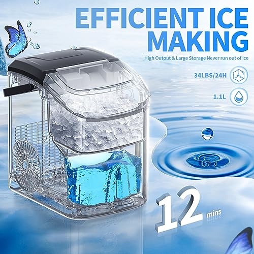 Nugget Countertop Ice Maker with Soft Chewable Ice, 34Lbs/24H, Pebble Portable Ice Machine with Ice Scoop, Self-Cleaning, One-Click Operation, for Kitchen,Office Stainless Steel Silver