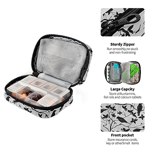 Naanle Halloween Crow Pill Box 7 Day Pill Case Bag Travel Pill Organizer Bag with Zipper Portable Weekly Case Compact Size Pill Bag for Vitamin Supplement Holder