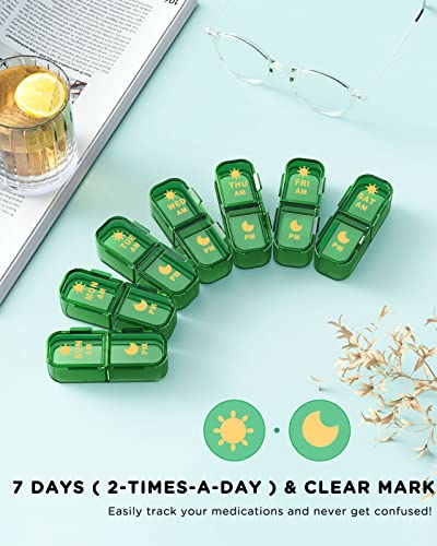 Pill Organizer 2 Times A Day, 7 Day Am Pm Pill Box - Acedada Weekly Pill Organizer with Separate Container, Portable Daily Medicine Planner Dispenser Case for Vitamin, Fish Oils, Supplements, Green