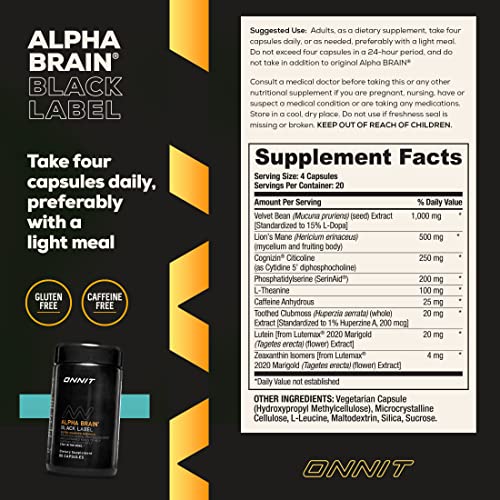 ONNIT Alpha Brain Black Label Capsule (80ct) Premium Citicoline Brain Supplement - Focus, Concentration & Memory - Lion's Mane, Hericium Erinaceus, L Theanine & Mucuna Pruriens