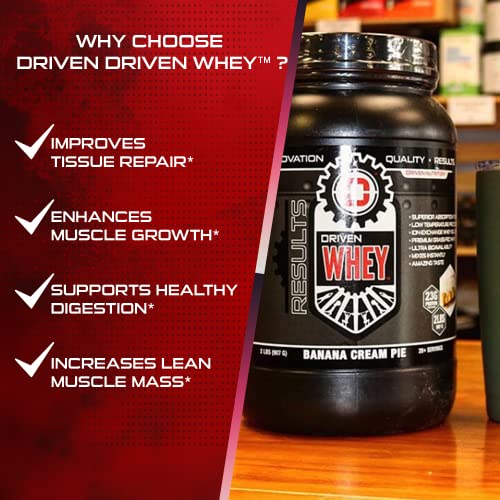 Driven WHEY- Grass Fed Whey Protein Powder: Delicious, Clean Protein Shake- Improve Muscle Recovery with 23 Grams of Protein with Added BCAA and Digestive Enzymes (Strawberry Milkshake, 5lb)