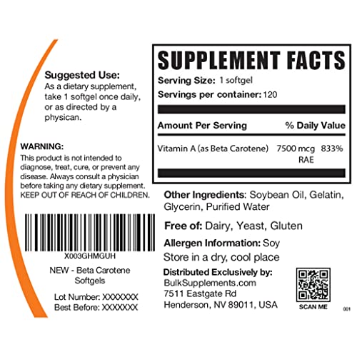 BULKSUPPLEMENTS.COM Beta Carotene 25000 IU Softgels - Vitamin A Supplement, Beta Carotene Supplements, Beta Carotene Pills - Gluten Free, 1 Beta Carotene Softgel per Serving, 120 Softgels