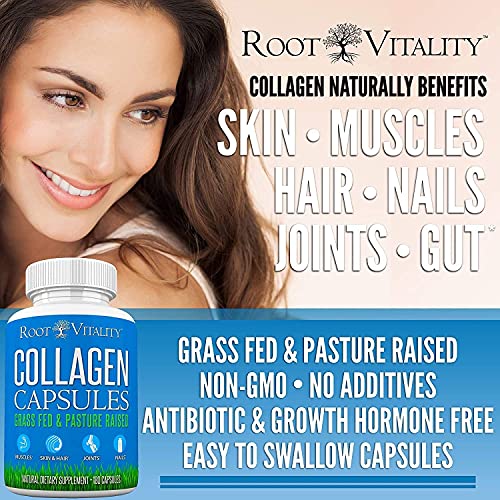 Root Vitality Collagen Capsules - Collagen Pills, 180 Count, for Skin, Hair, Nails & Joints, Collagen Supplements for Women & Men, Grass Fed, Non-GMO, Collagen Peptides Pills