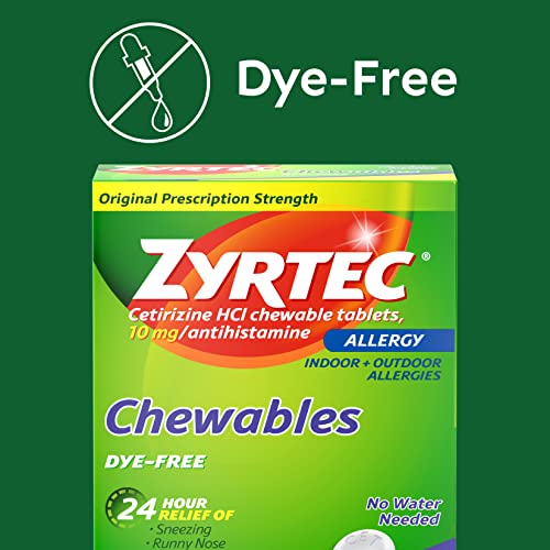 Zyrtec 24 Hour Allergy Relief Chewable Tablets, 10 mg Antihistamine Cetirizine HCl per Tablet, Medicine Relieves Hay Fever & Indoor & Outdoor Allergy Symptoms, Dye-Free, 24 Ct