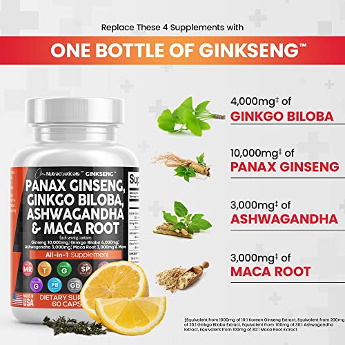 Panax Ginseng 10000mg Ginkgo Biloba 4000mg Ashwagandha Maca Root 3000mg - Focus Supplement Pills for Women and Men with Pine Bark Extract, Garlic, and Saw Palmetto - Made in USA Brain Health 60 Caps