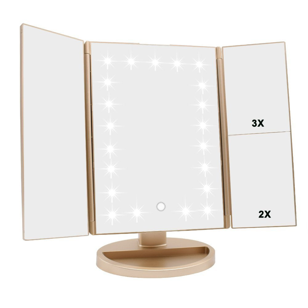 Flymiro Tri-fold Lighted Vanity Makeup Mirror with 3x/2x/1x Magnification, 21Leds Light and Touch Screen,180 Degree Free Rotation Countertop Cosmetic Mirror,Travel Makeup Mirror (Gold)