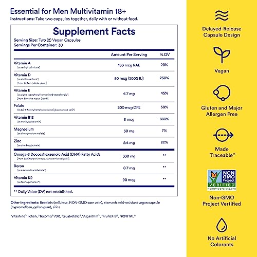 Ritual Multivitamin for Men 18+ with Zinc, Vitamin A and D3 for Immune Function Support*, Omega-3 DHA, B12, K2, Gluten Free, Non-GMO, Mint Essenced, 30 Day Supply, 60 Vegan Capsules