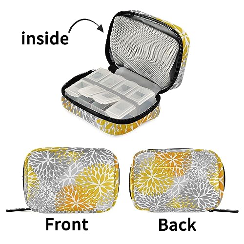 Orange Grey Flower Travel Pill Organizer Case Daily Pill Medicine Box Organizer Protable Pill Container for Vitamin Fish Oil Pills Supplements