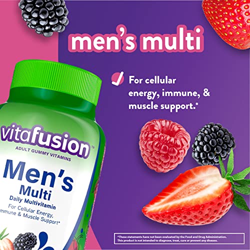 Vitafusion Adult Gummy Vitamins for Men, Berry Flavored Daily Multivitamins for Men with Vitamins A & Extra Strength Vitamin D3 Gummy, Strawberry Flavored Bone and Immune System Support