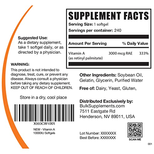 BULKSUPPLEMENTS.COM Vitamin A 10000 IU Softgels - Vitamin A Retinyl Palmitate, Vitamin A Pills - Vitamin A Supplement, Eye Supplements - Gluten Free, 1 Softgel per Serving, 240 Softgels