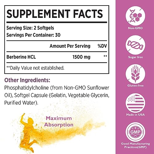 Liposomal Berberine Supplement 1500mg - High Bioavailability Berberine HCL Capsules for Women and Men, AMPK Activator for Cardiovascular Health, Sugar-Free, Non-GMO,120 Softgels