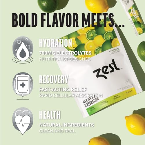 Zest Hydration Electrolyte Powder - Lemon Lime - Mix w/Water - 14 Travel Packets - Low Sugar Supplement - Recovery & Dehydration Drink - IV Pillars of Liquid Rehydration incl Salt & Potassium