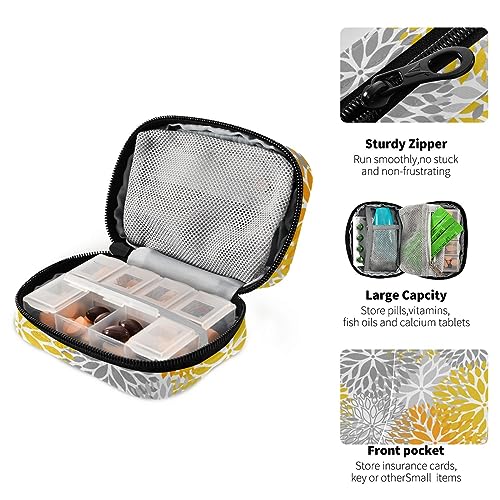 Orange Grey Flower Travel Pill Organizer Case Daily Pill Medicine Box Organizer Protable Pill Container for Vitamin Fish Oil Pills Supplements