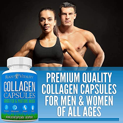 Root Vitality Collagen Capsules - Collagen Pills, 180 Count, for Skin, Hair, Nails & Joints, Collagen Supplements for Women & Men, Grass Fed, Non-GMO, Collagen Peptides Pills