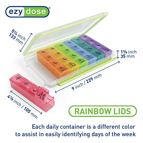 Ezy Dose Weekly (7-Day) Pill Organizer, Vitamin and Medicine Box, X-Large Pop-Out Compartments, 4 Times a Day, Rainbow Lids with Case - Multicolor