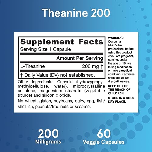 Jarrow Formulas Extra Strength Theanine 200 mg, Dietary Supplement That Promotes Relaxation, 60 Veggie Capsules, 60 Day Supply