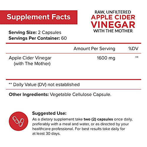 Apple Cider Vinegar Capsules with The Mother - 120 Vegan ACV Pills - Best Supplement for Healthy Weight Loss, Diet, Keto, Digestion, Detox, Immune - Powerful Cleanser & Appetite Suppressant Non-GMO