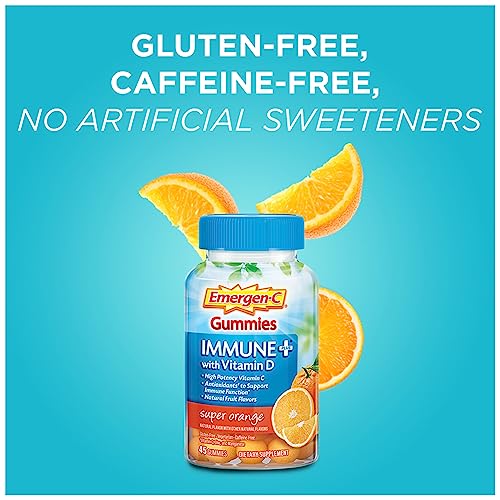 Emergen-C Immune+ Immune Gummies, Vitamin D plus 750 mg Vitamin C, Immune Support Dietary Supplement, Caffeine Free, Gluten Free, Super Orange Flavor - 45 Count