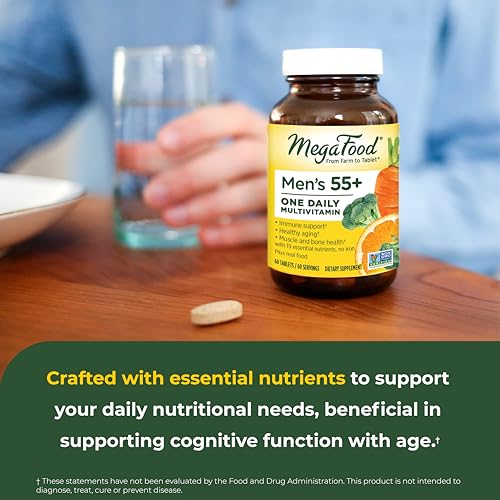 MegaFood Men's 55+ One Daily - Multivitamin for Men with Vitamin B12, Vitamin C, Vitamin D & Zinc - Optimal Aging & Immune Support Supplement - Vegetarian - Made Without 9 Food Allergens - 120 Tabs