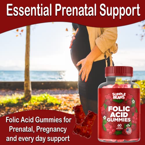 Supplebears Folic Acid Gummies 400mcg - Essential Prenatal & Pregnancy Gummy for Women, Moms & Baby to Be - 60 Raspberry Flavored Folate Gummy Vitamins - Made in The USA