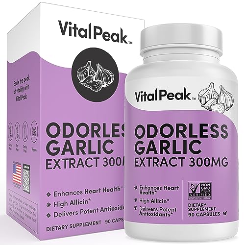 Vital Peak Odorless Garlic Extract - Allicin-Rich 300 mg Herbal Garlic Supplements for Heart, Liver, and Immune Support I Non-GMO, Gluten-Free, Vegan - 90 Garlic Capsules