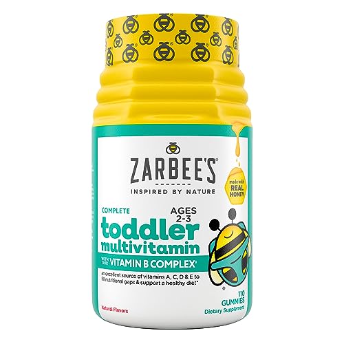 Zarbee's Toddler Vitamins, Complete Multivitamin with Vitamin A, C, D3 & B-complex, Easy to Chew, Gluten, Soy, Nut & Dairy Free, Natural Fruit Flavors, 2-3 Years, 110 Count