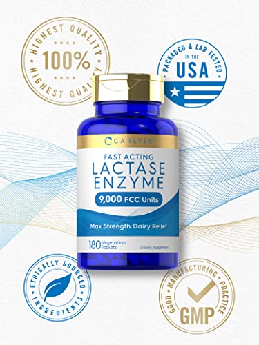 Carlyle Fast Acting Lactase Enzyme Pills | 9000 FCC | 180 Tablets | Dairy Relief Supplement | Max Strength Support | Non-GMO, Gluten Free Supplement