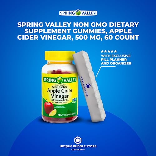 Spring Valley, Apple Cider Vinegar Gummies Non GMO Dietary Supplement, Apple Cider Vinegar 500mg Gummies, 60 Count + 7 Day Pill Organizer Included (Pack of 1)