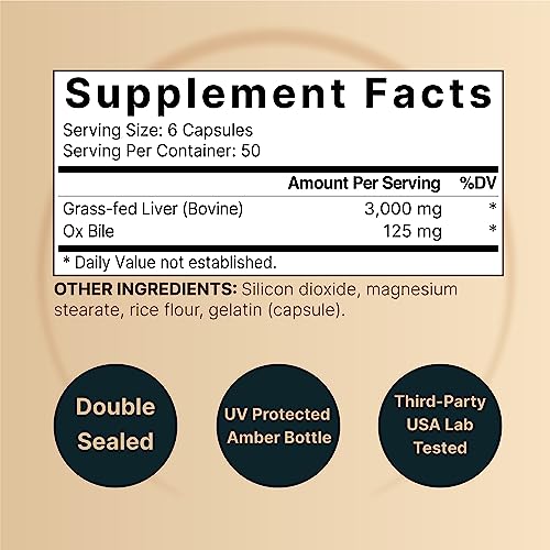 Grass Fed Beef Liver Capsules with Ox Bile, 3000mg Per Serving 300 Count | Natural Iron, Vitamin A & B12 for Energy Production, Support Detoxification, Digestion & Immunity | Hormone & Pesticide Free