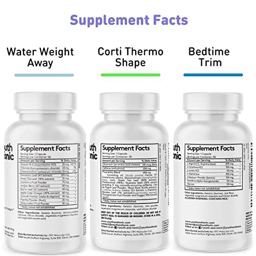 Youth & Tonic Shred Sculpt Lean 3 x Diet Pills w Water Weight Away & Cortithermo Shape & Bedtime Trim as Support for Metabolism Energy Cravings Water Retention Loss & Belly Bloating for Women & Men