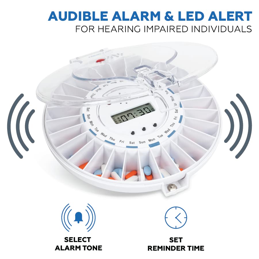 Med-E-Lert Medication Dispenser with Automatic Lock Box 28 Sealed Pill Compartments (Clear Lid)