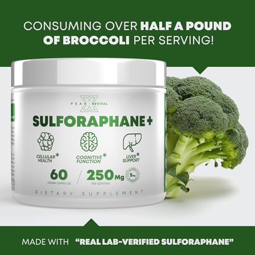 Peak Revival-X 5000mcg of Real Lab-Verified Sulforaphane Supplement - Broccoli Seed Extract 250mg Supplements - Promotes Cognitive Function, Liver & Cellular Support - 60 Vegan Capsules/Pills