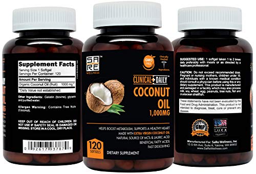 Clinical Daily Organic Coconut MCT Oil Capsules Supplement- Pure Extra Virgin Oil, Cold Pressed- Hair, Skin, Nails Vitamin Pills, Support Keto Diet for Weight- 120 Lauric & Caprylic Acid Softgels