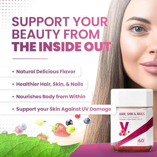 V ITAMINA Hair Skin and Nails Gummies - Nail Growth Treatment, Hair Vitamins for Hair Loss for Women with Biotin, Vitamin C&E - 60 Count, 1 Month Supply