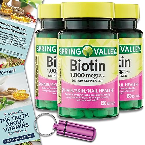 Spring Valley Biotin Softgels, 1000 mcg, 150 Count 3 Pack Bundle (450 Total) - Includes Vitamin Guide and Pill Container (5 Items)!