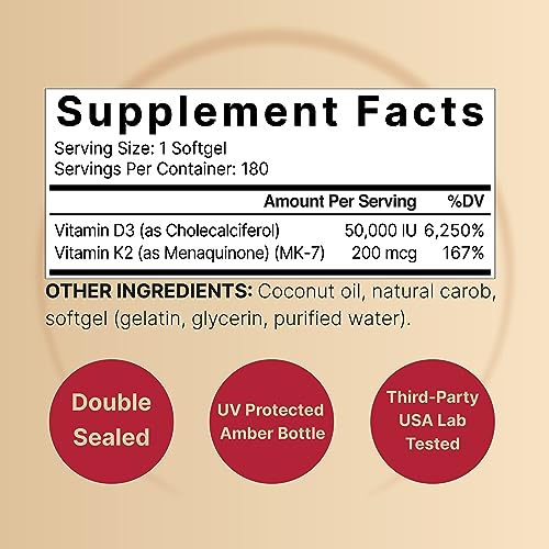 NatureBell Vitamin D3 50,000 iu with K2 200 mcg, 180 Coconut Oil Softgels | Vitamins D as Cholecalciferol & K as MK-7 | Max Strength Bone, Heart, Immune, & Calcium Support | Once Weekly, Non-GMO