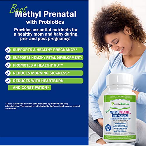 Power By Naturals Methyl Prenatal Vitamins with Probiotics, Methylfolate, B12, Iron & Ginger - 27+ Nutrients for a Healthy Pregnancy - 60 Capsules