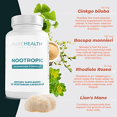 Nootropics Brain Memory and Focus Supplement - Lions Mane, Shiitake, Chaga, Reishi Mushrooms Powder - Improve Cognitive Health with Bacopa Monnieri and Gingko Biloba Extract , 60 Capsules