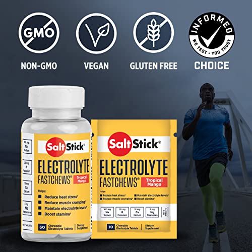 SaltStick FastChews Chewable Electrolyte Tablets | Salt Tablets for Runners and Endurance Sports Nutrition | Hydration Electrolyte Chews | Vegan | Tropical Mango | 60 Tablets