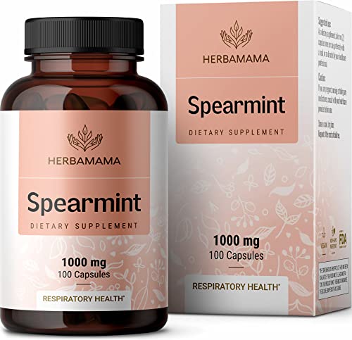 Spearmint 100 Capsules - 1000 mg - Organic Mentha Spicata Dietary Daily Supplement - Natural Support for Digestive & Respiratory Function - for Stress Relief - Vegan, Non-GMO