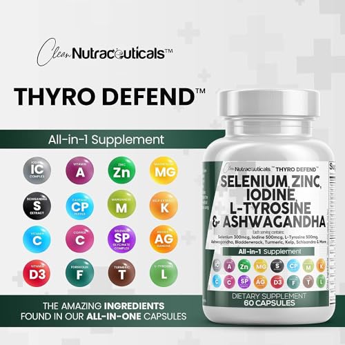 Selenium 300mcg Zinc 50mg Iodine 500mcg L Tyrosine 500mg Ashwagandha 6000mg - Thyroid Support Supplement for Women and Men with Bladderwrack, Turmeric, Kelp, Schisandra - 60 Capsules