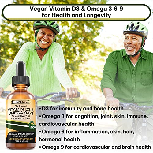 SBR Nutrition Plant-Based Vitamin D3 and Omega 3-6-9 Liquid Dietary Supplement with Ahiflower Oil, Bone, Immune, Inflammation Support, Natural Orange Citrus Flavor, 2oz (60mL), 30 Servings