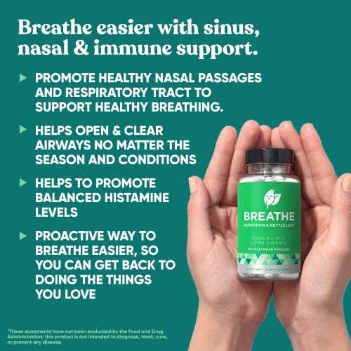 Breathe Inhaler Support Supplement – Sinus, Lungs, Open & Clear Airways – Seasonal Nasal Health, Bronchial Wellness, Healthy Chest – Quercetin, Vitamin D, Bromelain Pills – 60 Vegetarian Soft Capsules