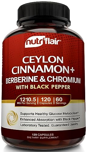 NutriFlair Ceylon Cinnamon, Berberine HCL, Chromium, Black Pepper Extract (Made with True Ceylon Cinnamon) - 1200mg per Serving, 120 Capsules - Best Glucose Metabolism and Antioxidant Combo Pills