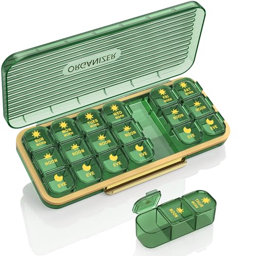 Pill Organizer 3 Times A Day, 7-Day Pill Box 3 Times A Day - Acedada Weekly Medicine Box Organizer, 7 Detachable Portable Daily Pill Container Dispenser Case for Vitamins Fish Oils Supplements, Green