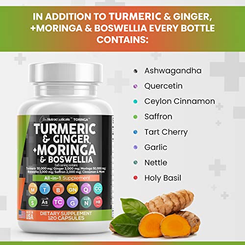 Turmeric Curcumin 30000mg Ginger 3000mg Moringa 50000mg Boswellia Saffron 2000mg - Joint Support Supplement for Women and Men with Ceylon Cinnamon, Quercetin, Tart Cherry Made in USA 120 Caps