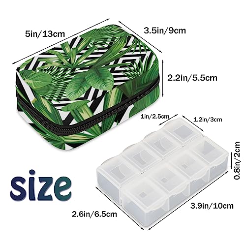 Hawaiian Jungle Plants Pill Box 7 Day Travel Pill Organizer for Child Adult Elder Pill Case with Zipper Summer Tropical Leaf Portable Weekly Case Compact Size for Vitamin Supplement Holder