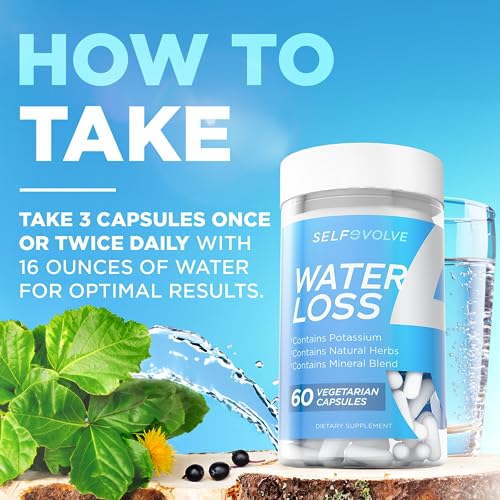 selfevolve Water Loss - Natural Water Pills for Reducing Water Retention & Bloating Relief with Dandelion Extract, Potassium & 7 Natural Ingredients - 60 Veggie Capsules